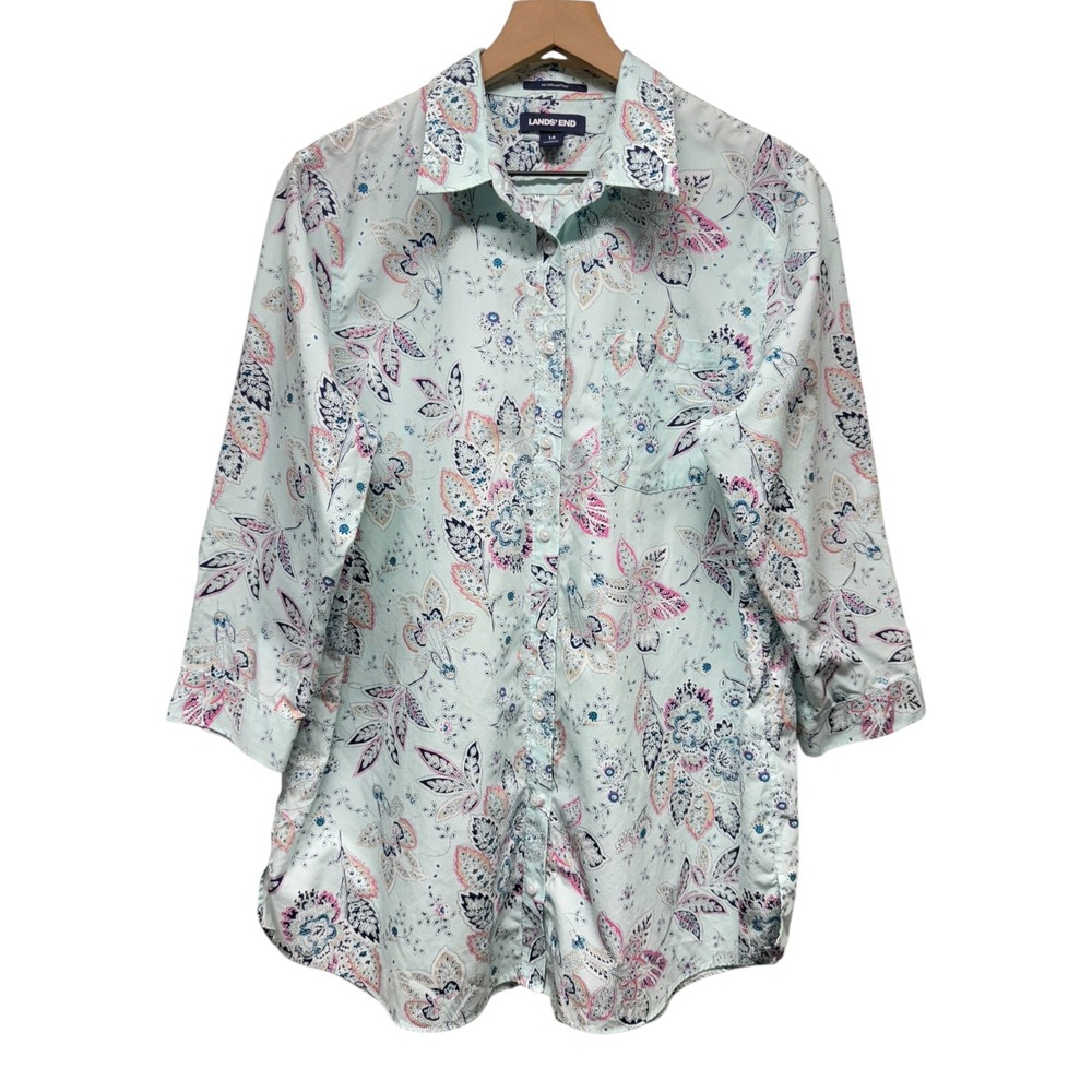 Lands End No Iron Supima Button Up Shirt 14 Womens Floral 3/4 Sleeve Blue Office